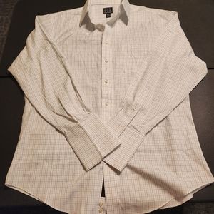 Jos A Bank men's button down dress shirt. White with blue stripes Size 15 1/2/34